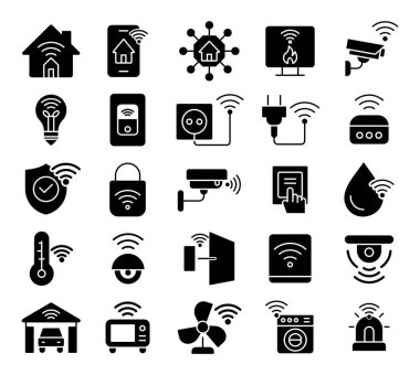 Otomasyon ve güvenlik için akıllı ev teknolojisini temsil eden siyah simge koleksiyonu. Modern evlerde bağlanabilirliğin entegrasyonunu göstermek için ideal.