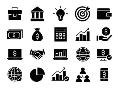 Para, büyüme grafikleri, takım çalışması ve çeşitli uygulamalar için strateji dahil olmak üzere iş ve finans kavramlarını temsil eden çok yönlü bir siyah simge koleksiyonu.