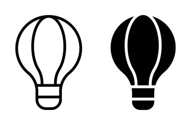 Bu resim iki belirgin sıcak hava balonu ikonu içeriyor, biri siyah ve diğeri beyaz, seyahat, macera ve keşiflerle ilgili tasarım projeleri için ideal..