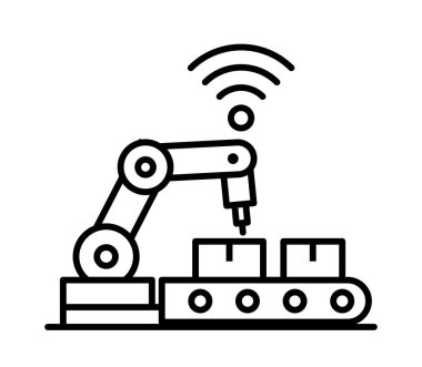 Gelişmiş verimlilik için kablosuz bağlantı ile modern otomasyonu temsil eden, taşıma bandı üzerinde çalışan endüstriyel bir robot kolu tasviri.