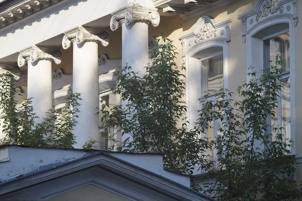 Urban landscape with lighting by the setting sun. Parts of the facades of old mansions with elements of classical architecture.