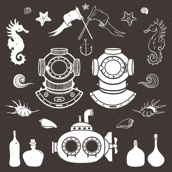 Diver and submarine. Vintage hand drawn elements in nautical style — Stock Vector