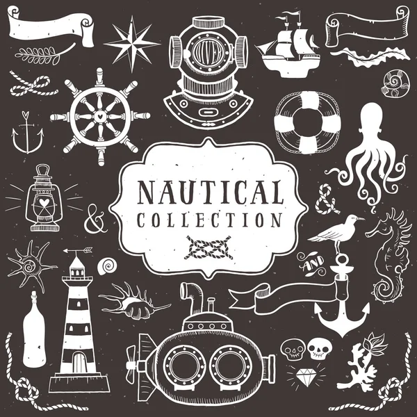 Vintage hand drawn elements in nautical style — Stock Vector