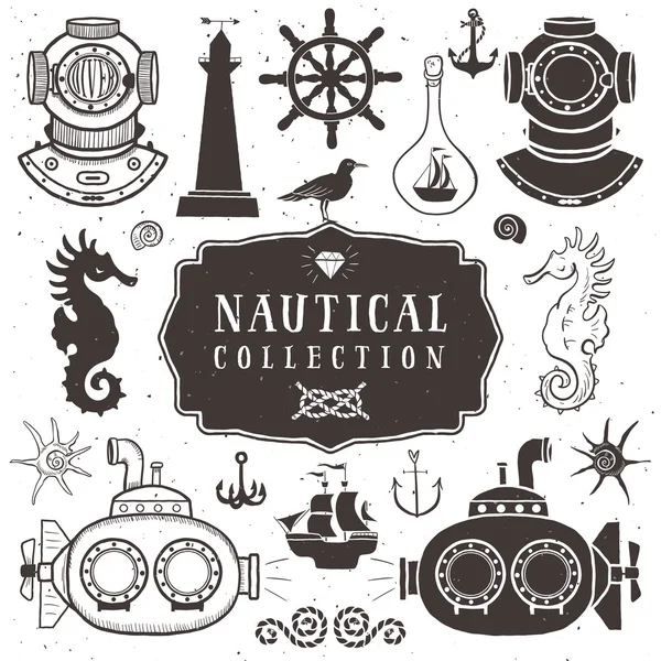 Vintage hand drawn elements in nautical style — Stock Vector