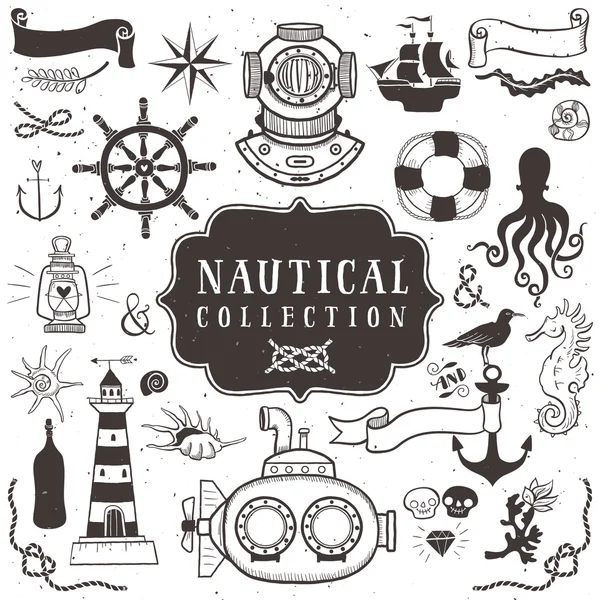 Vintage hand drawn elements in nautical style — Stock Vector