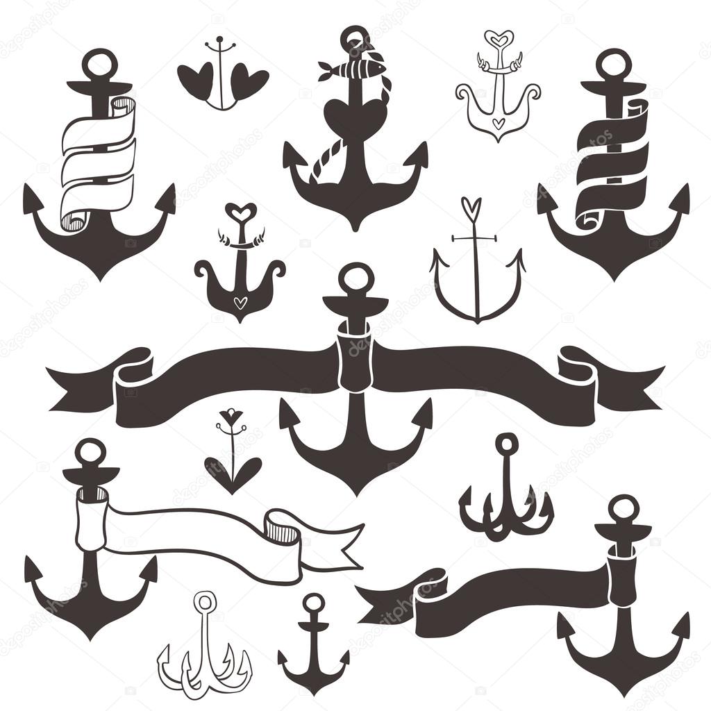 Vintage anchor with ribbon banners.
