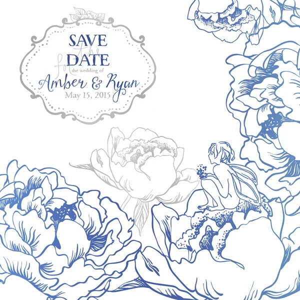 Tarjeta de invitación romántica con flores y pequeño hada lindo . — Archivo Imágenes Vectoriales