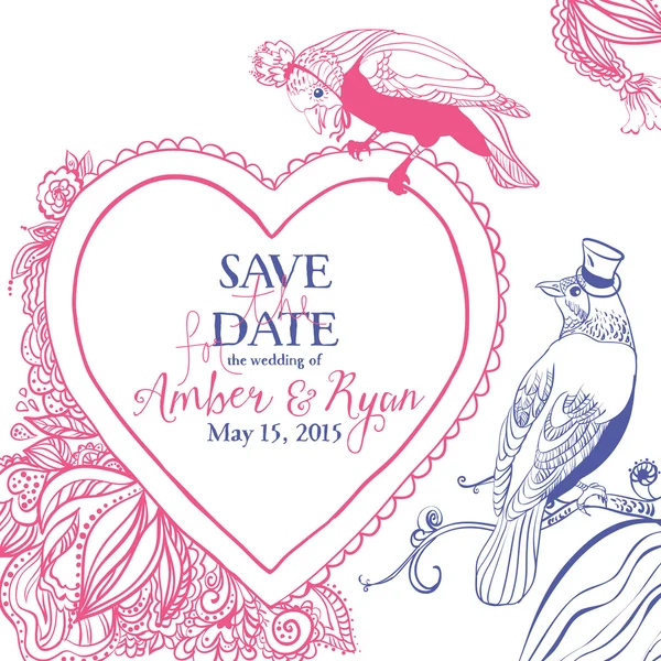 Biglietto d'invito al matrimonio con uccelli e cuore floreale — Vettoriale Stock