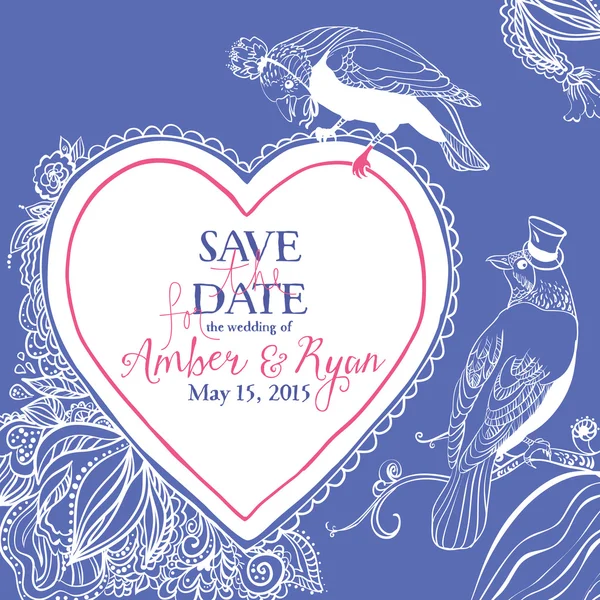 Cartão de convite de casamento com pássaros e coração floral —  Vetores de Stock