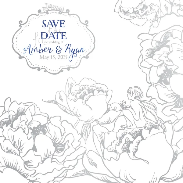 Tarjeta de invitación romántica con flores y pequeño hada lindo — Vector de stock