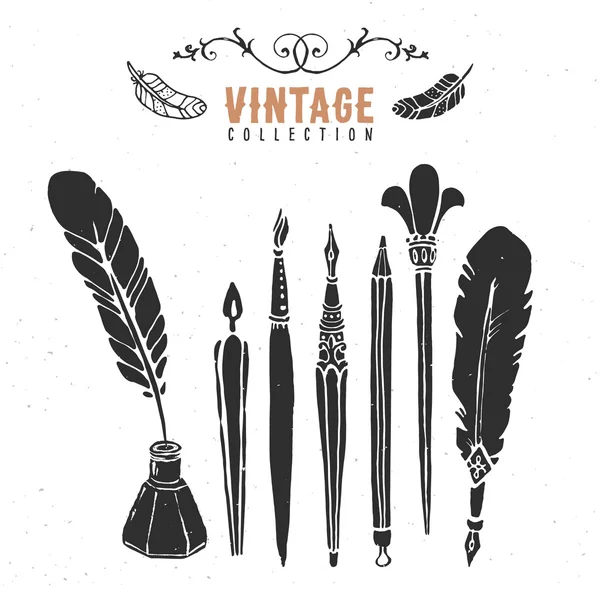 Vintage retro plumín viejo pluma tinta colección . — Vector de stock