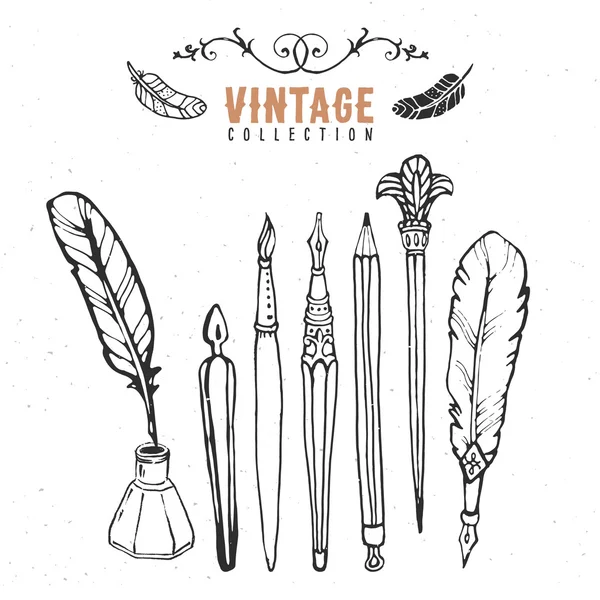 Vintage rétro vieille collection d'encre plume stylo . — Image vectorielle