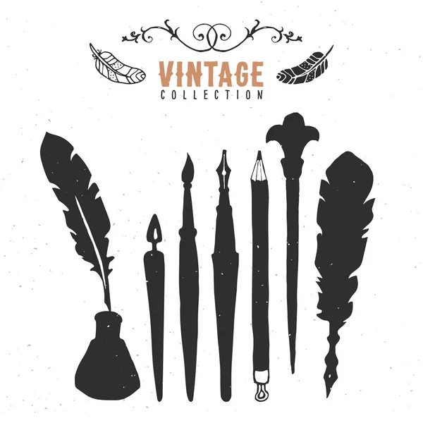 Vintage retro plumín viejo pluma cepillo tinta colección . — Vector de stock