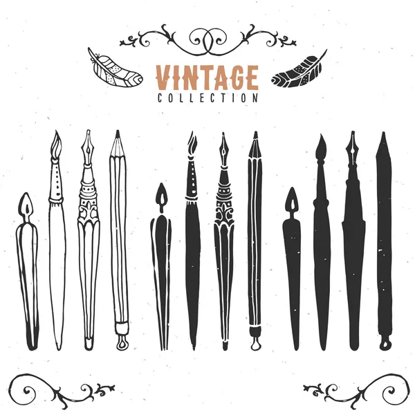 Vintage rétro vieille collection d'encre plume stylo pinceau . — Image vectorielle