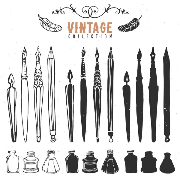 Vintage rétro vieille collection d'encre plume stylo pinceau . — Image vectorielle