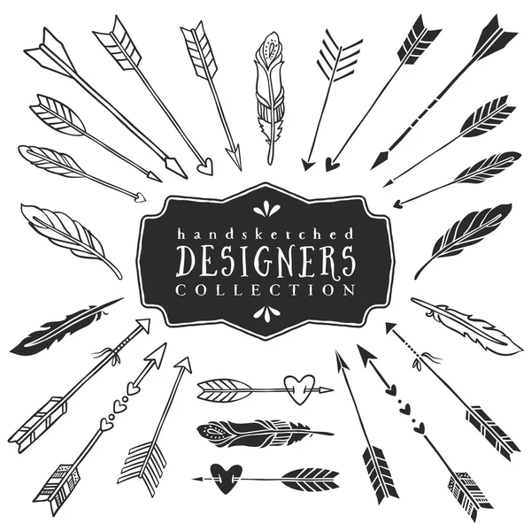 Colección de flechas y plumas decorativas vintage — Vector de stock