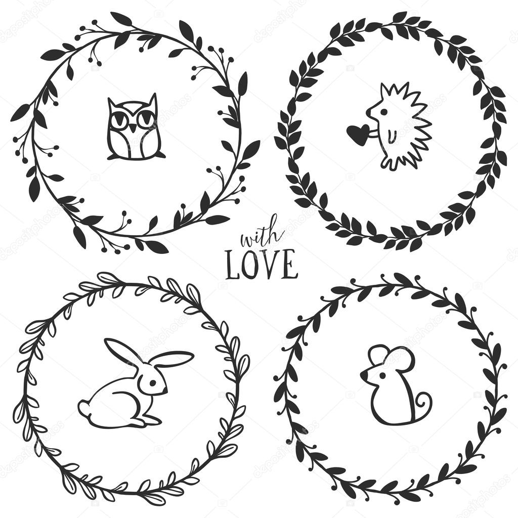 Vintage wreaths with lettering and little animals