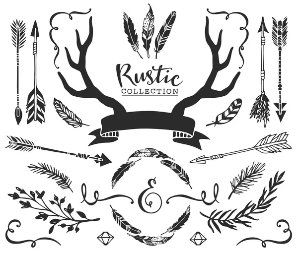Vintage antlers, feathers, arrows with lettering — Stock Vector