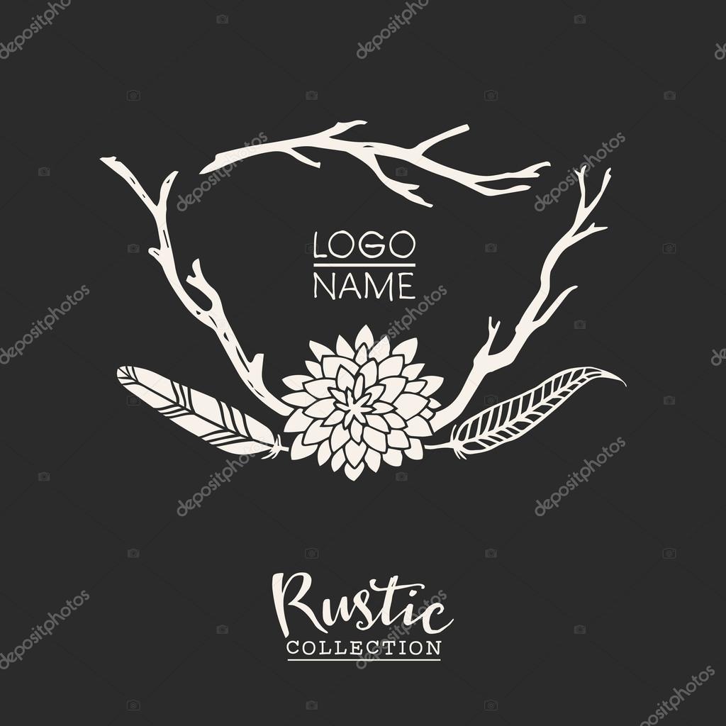 Rustic premade typographic logo template with flowers, branches and feathers. Hand drawn vintage vector design elements