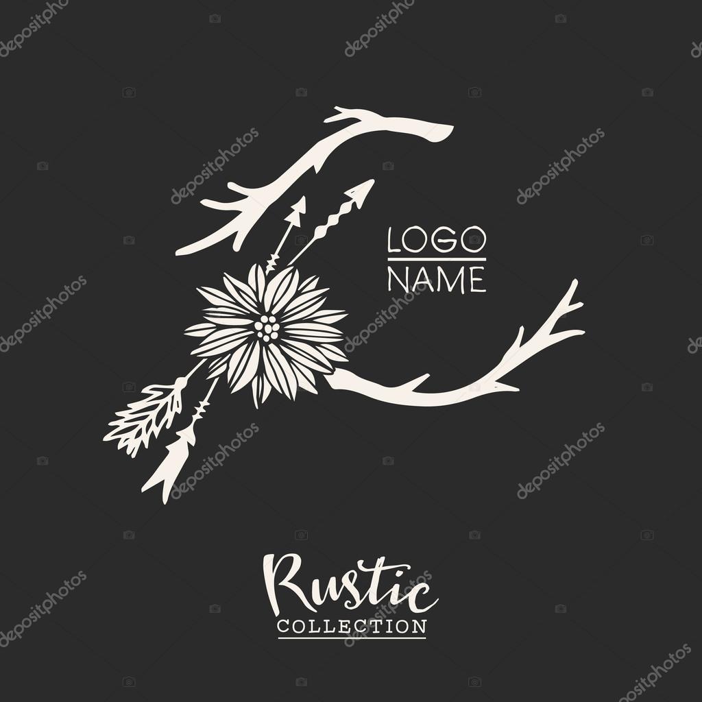 Rustic premade typographic logo template with flowers, branches and arrows. Hand drawn vintage vector design elements