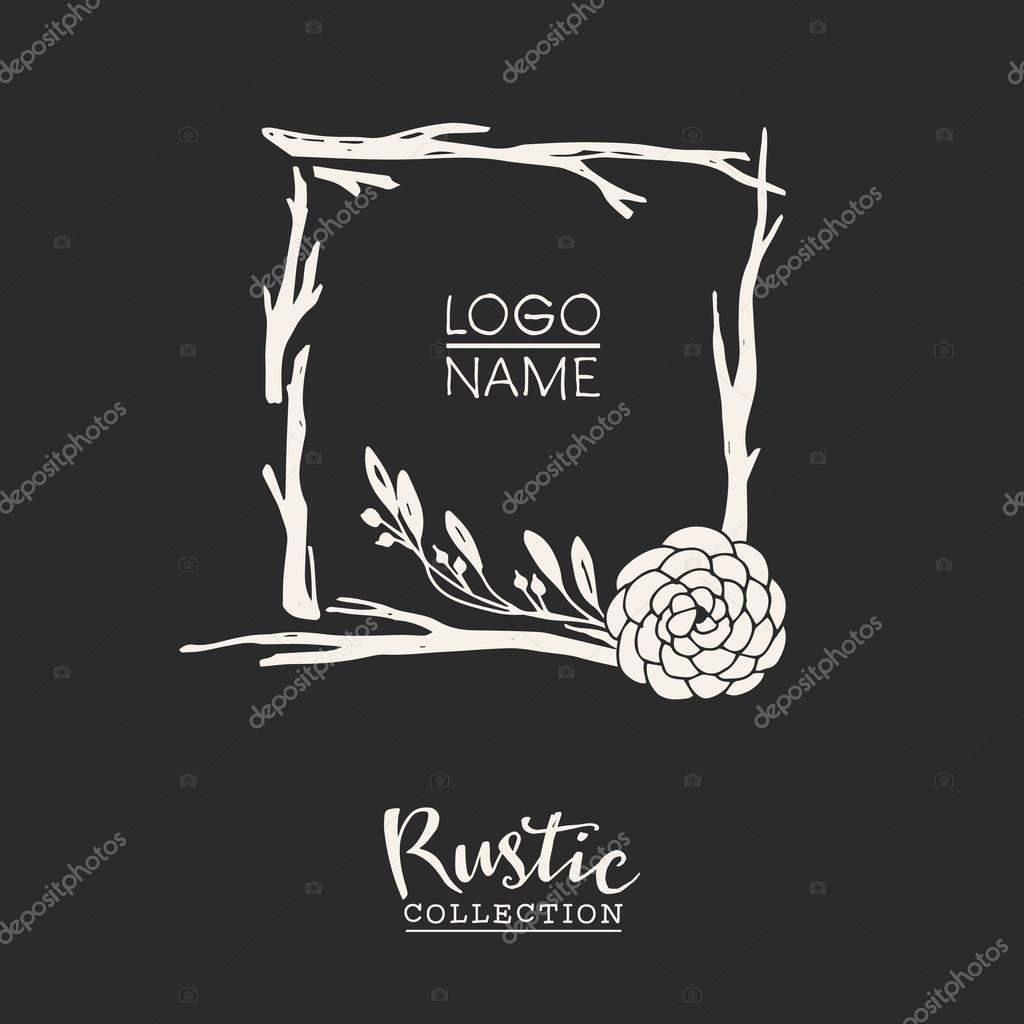 Rustic premade typographic logo template with flowers, branches and plants. Hand drawn vintage vector design elements