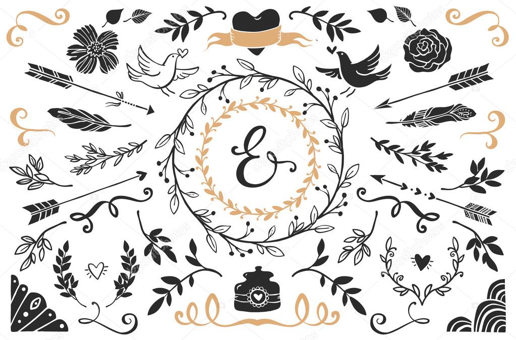 Hand drawn vintage decorative elements with lettering. Romantic vector design wedding set.