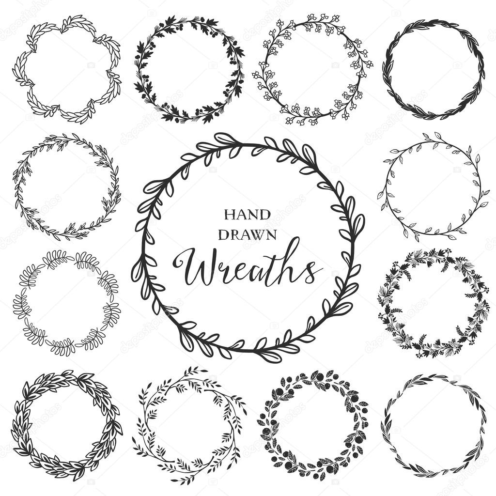 Vintage set of hand drawn rustic wreaths.