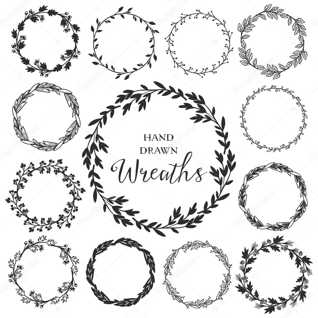 Vintage set of hand drawn rustic wreaths.