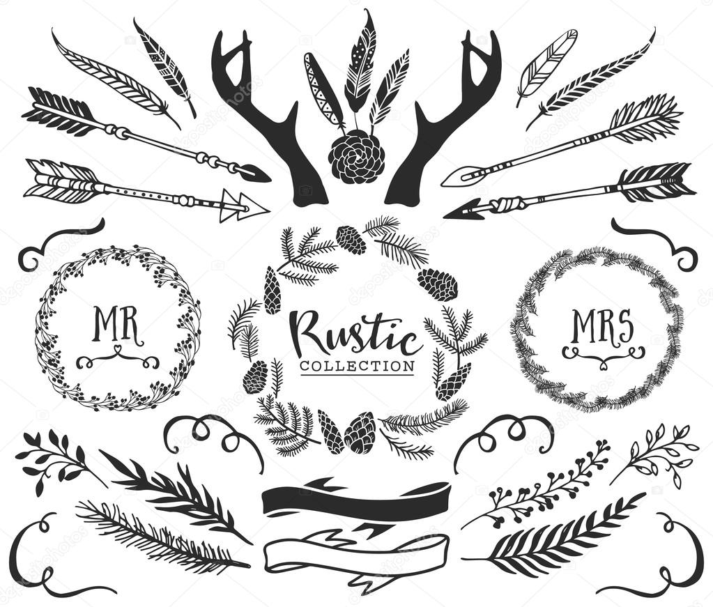 Hand drawn antlers, arrows, feathers