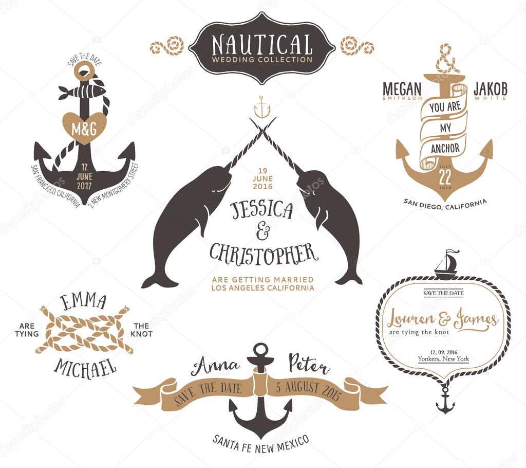 Hand drawn wedding invitation logo templates in nautical style. Vintage vector design elements.