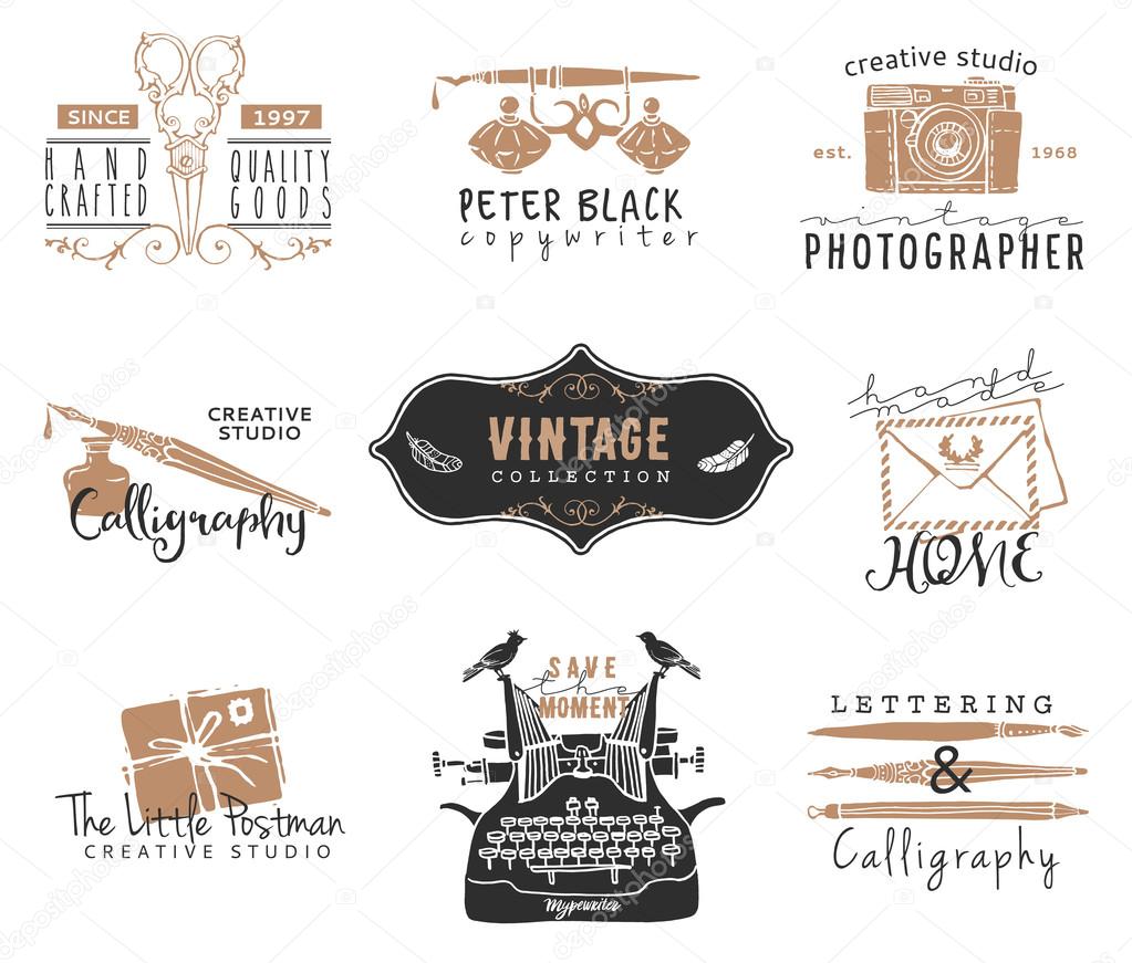 Hand drawn old stationery logo templates. Vintage style design elements. Ink decorative illustrations