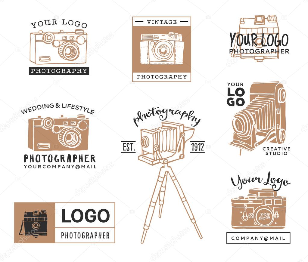 Hand drawn old photographic logo templates. Vintage style camera design elements. Ink decorative illustrations