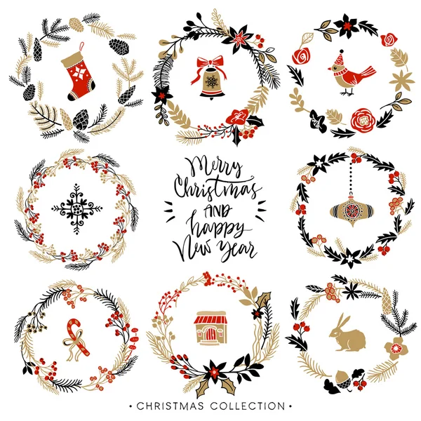 Coronas de felicitación de Navidad con caligrafía . — Archivo Imágenes Vectoriales