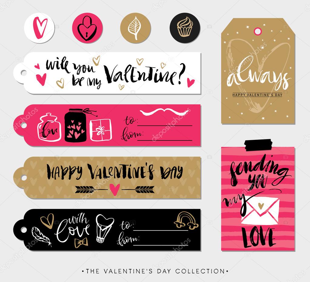 Valentines day gift tags, cards and stickers with calligraphy.