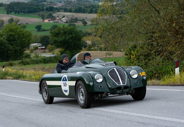 CAGLI , ITALY - OTT 24 - 2020 : HEALEY NASH HEALEY PROTOTYPE 1949 on an old racing car in rally Mille Miglia 2020 the famous italian historical race (1927-1957)