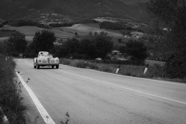 CAGLI, ITALY - OTT 24 - 2020: ALFA ROMEO 6C 2500 SUPER SPORT COMPETIZION 1947 Mille Miglia 2020 rallisinde eski bir yarış arabası ünlü İtalyan tarihi yarışı (1927-1957))