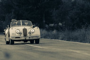CAGLI, ITALY - OTT 24 - 2020: JAGUAR XK 120 SE OTS 1954 Mille Miglia 2020 rallisinde eski bir yarış arabası üzerinde ünlü İtalyan tarihi yarışı (1927-1957)