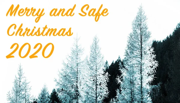 Frohe Und Sichere Weihnachten 2020 Weihnachtsbotschaft Grußkarte Schöne Winterliche Landschaft — Stockfoto