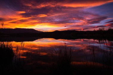 Göl suyuna yansıyan turuncu ve kırmızı bulutlarla muhteşem bir gün batımı. Güneş doğarken doğal ayna. Estany de Banyoles, Girona, Katalonya, İspanya.