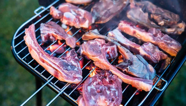 Grilled meat being cooked on the barbecue with burning embers. Preparing grilled meat on the garden barbecue.