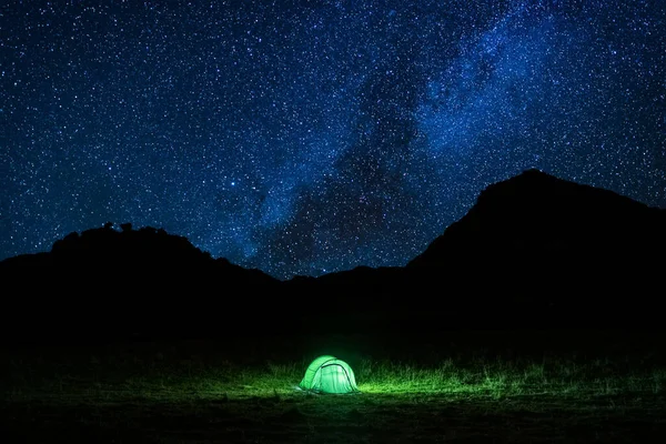 Tent Glowing Starry Summer Night Countryside Tent Illuminated Light Camping — Stock Photo, Image