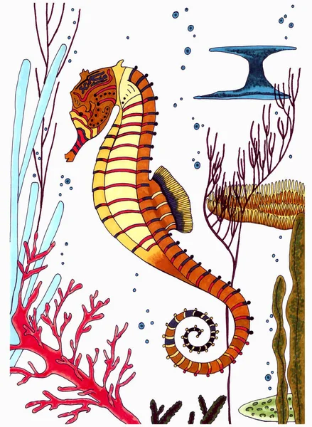 Cavalluccio marino illustrazione acquerello marcatori vita marina coralli sott'acqua. — Foto Stock