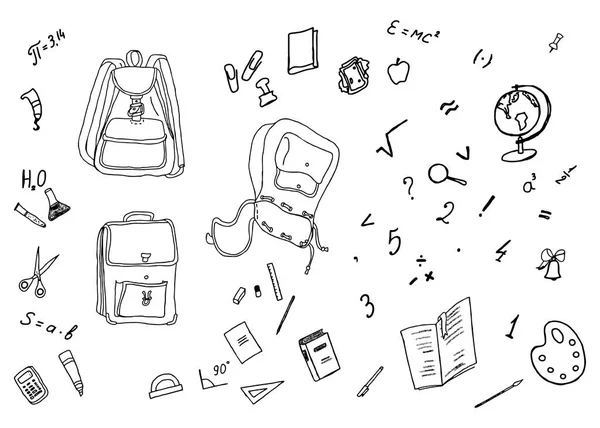Vector Illustration Doodle Lines School Supplies Set Backpack Scissors Globe — Stock Vector