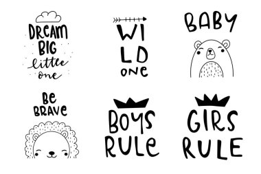 Moda çocuksu baskı tasarımları. Poster, kart, bebek partisi dekorasyonu için çocuk resimleri..