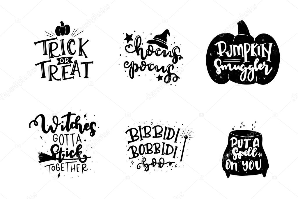 Set of Spooky autumn quote phrases. Hand lettered Halloween phrases. Trick or treat. Pumpking smuggler, hocus pocus, and other. 