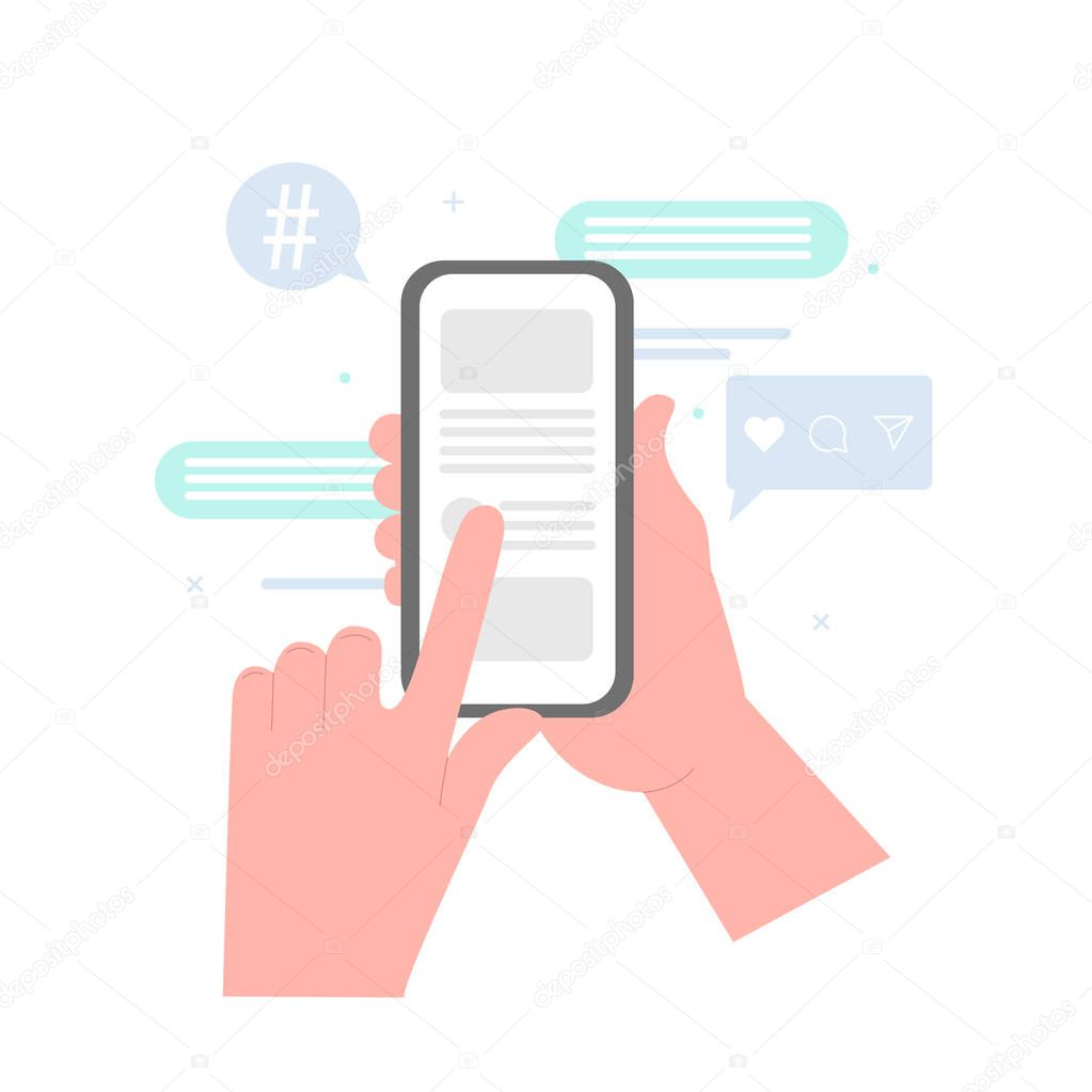 Hands holding cell phone with app design. Hand holding phone with short messages, chatting and checking social media. Vector flat illustration.