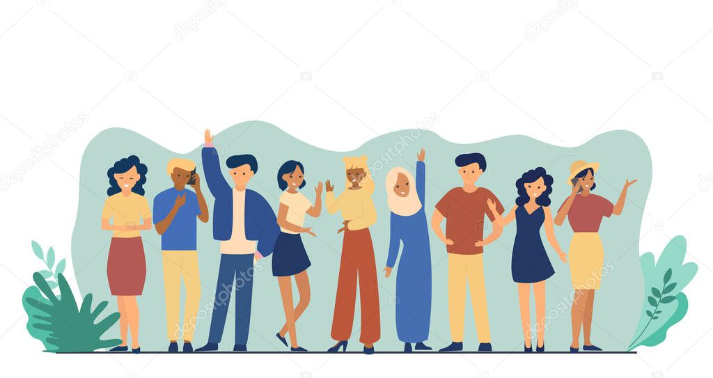 Vector set illustration of diverse cartoon women and men of various races. Crowd of cheerful young men and women holding smartphones, talking. Vector illustration isolated on white background.