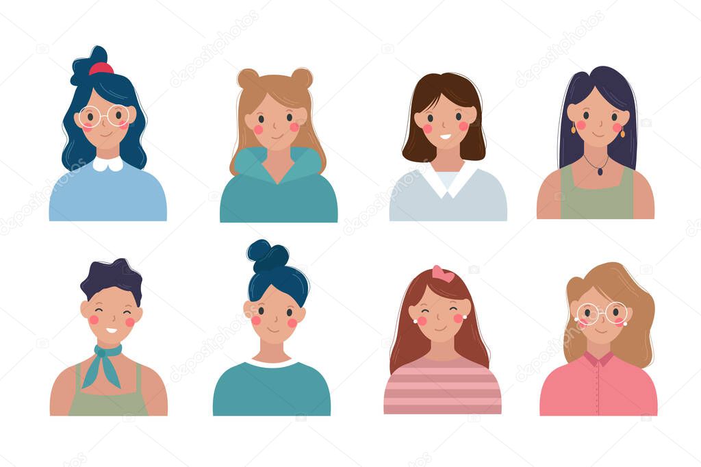 Set of diverse Girls vector illustration. Avatar for social network.  Joyful smiling girl illustration. Girls illustration isolated on white background.