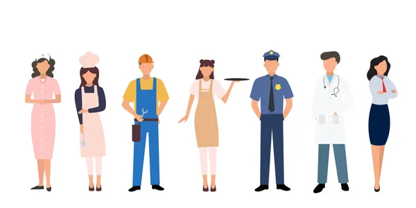 Çok uluslu iş ekibi. Polis, doktor, hemşire ve diğerleri. Çeşitli mesleklerden çeşitli erkek ve kadınların vektör illüstrasyonu.