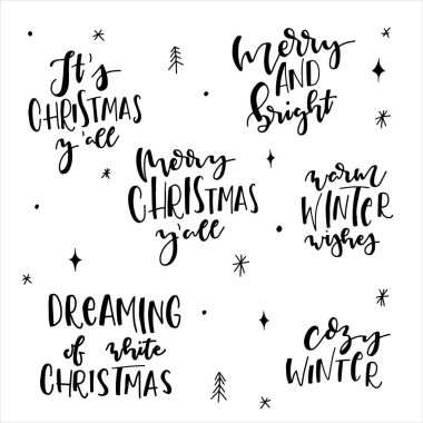 Mutlu Noeller, Noel Tatil Kutlama Kartı Tasarımları. Mutlu Noeller vektör fırça harfleri. El çizimi modern fırça kaligrafisi beyaz arkaplanda izole. 